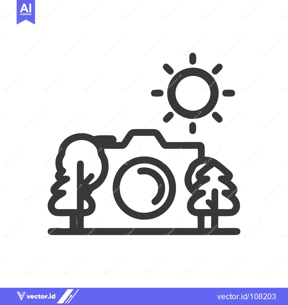 Premium Vector dari Nature Photography Icon: Camera, Trees, and Sun in Simple Line Art