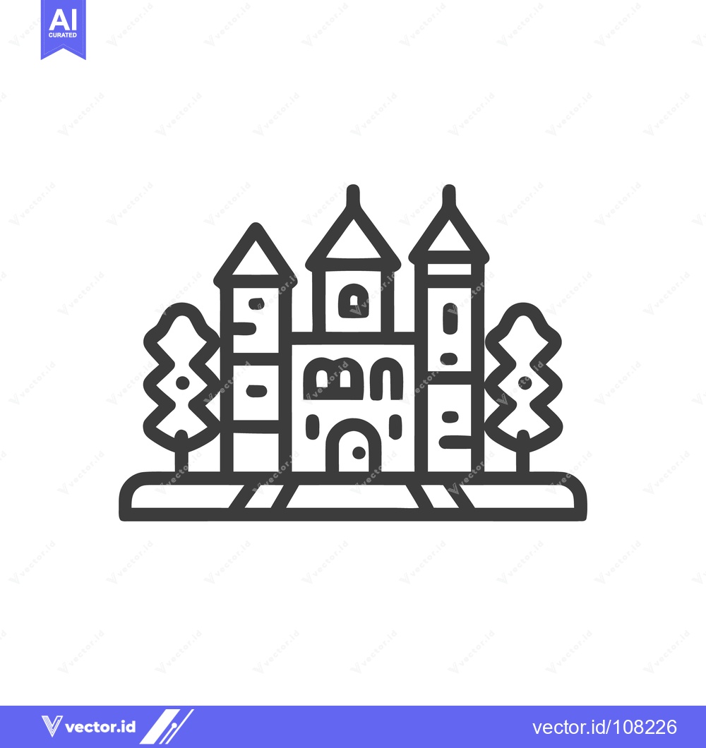 Premium Vector dari Minimalist Castle Icon with Trees, Black Outline on White Background