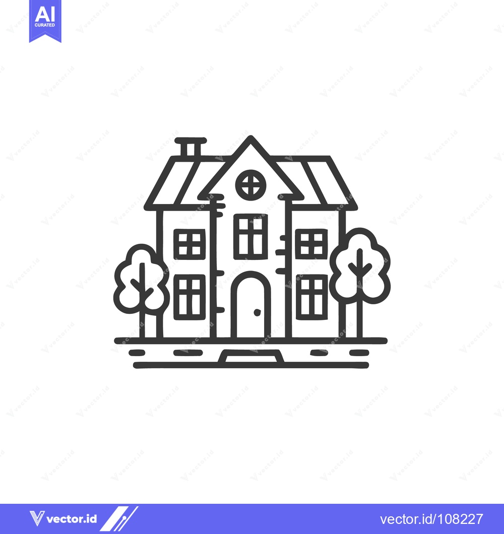 Premium Vector dari Charming House Icon with Trees, Minimalist Line Art Design