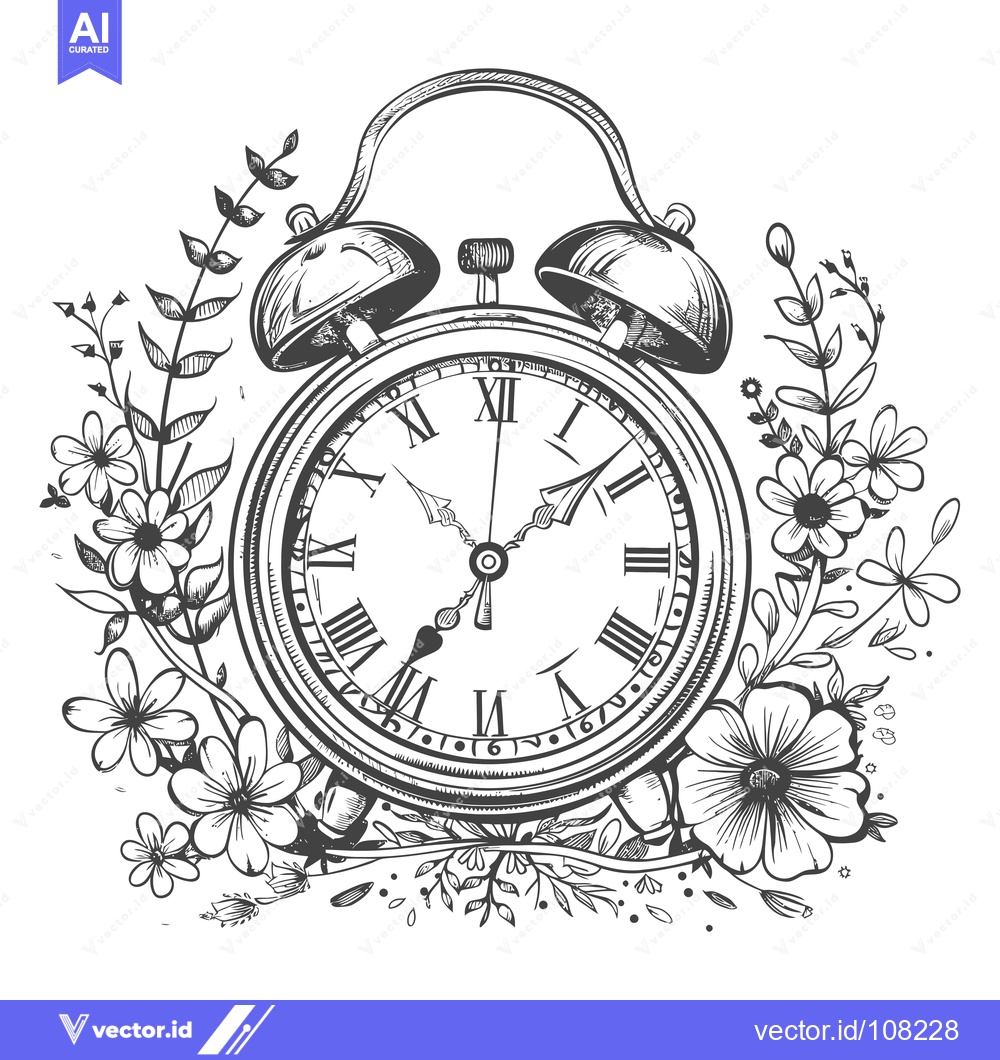Premium Vector dari Vintage Alarm Clock Surrounded by Flowers and Vines
