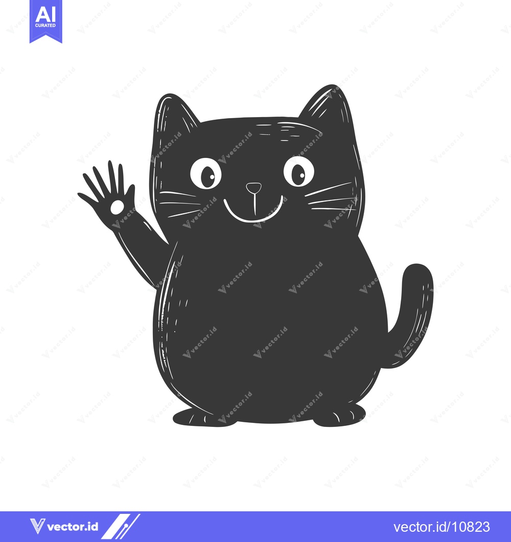 Premium Vector of A Black Cat Waving Its Paw With a Big Grin