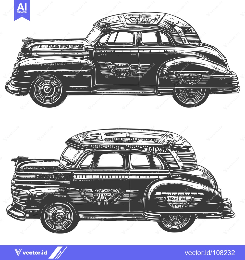 Premium Vector dari Vintage Black and White Car Illustration with Eagle Emblems