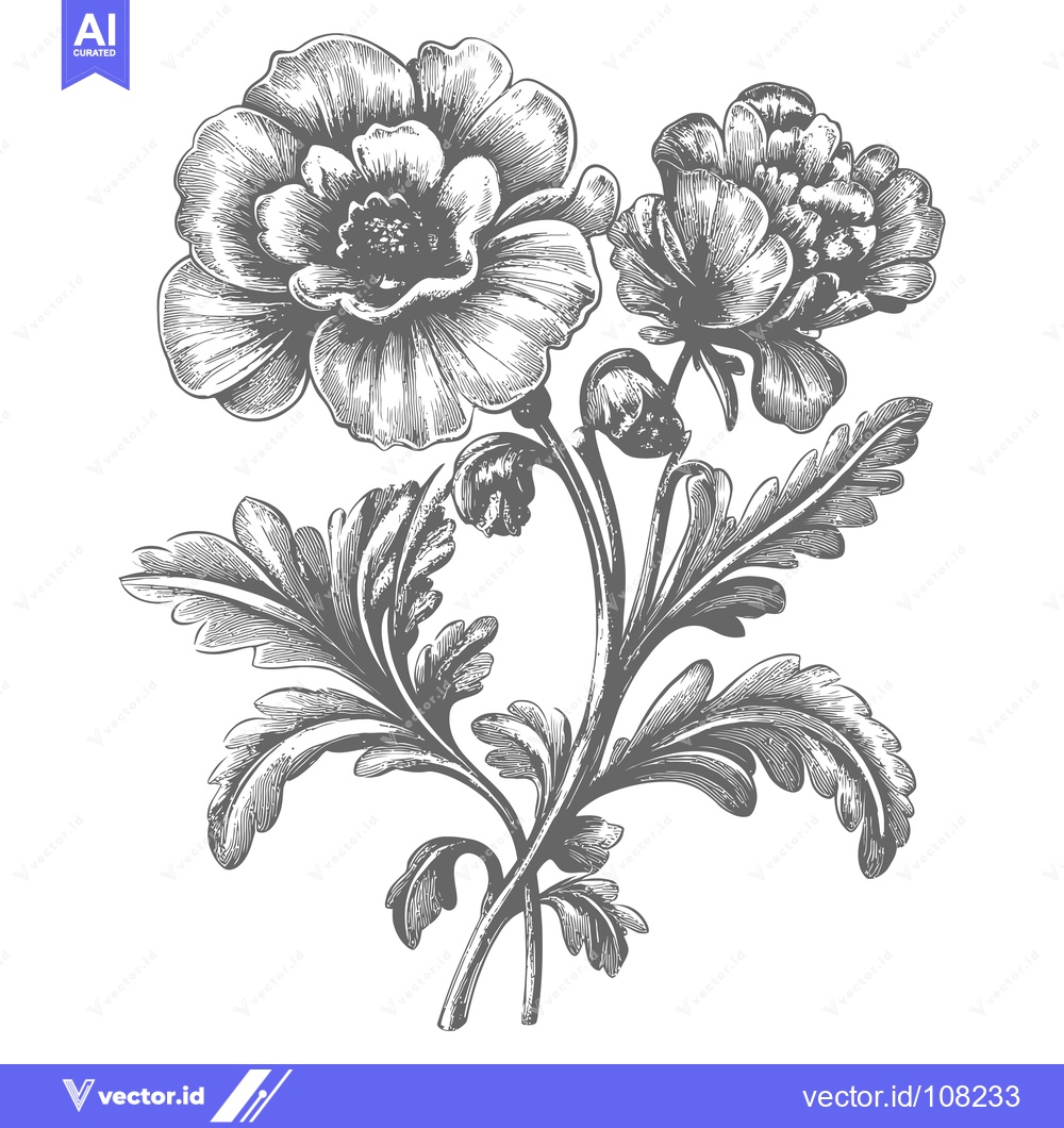 Premium Vector of Vintage Black and White Illustration of a Flower with Stem and Leaves