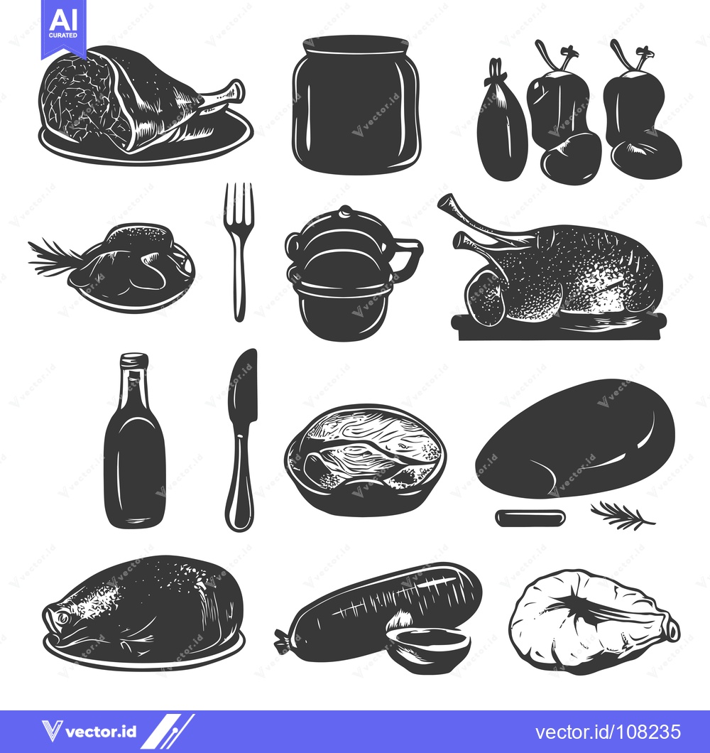 Premium Vector dari Vintage Black and White Illustration of Roasted Meat and Food Items