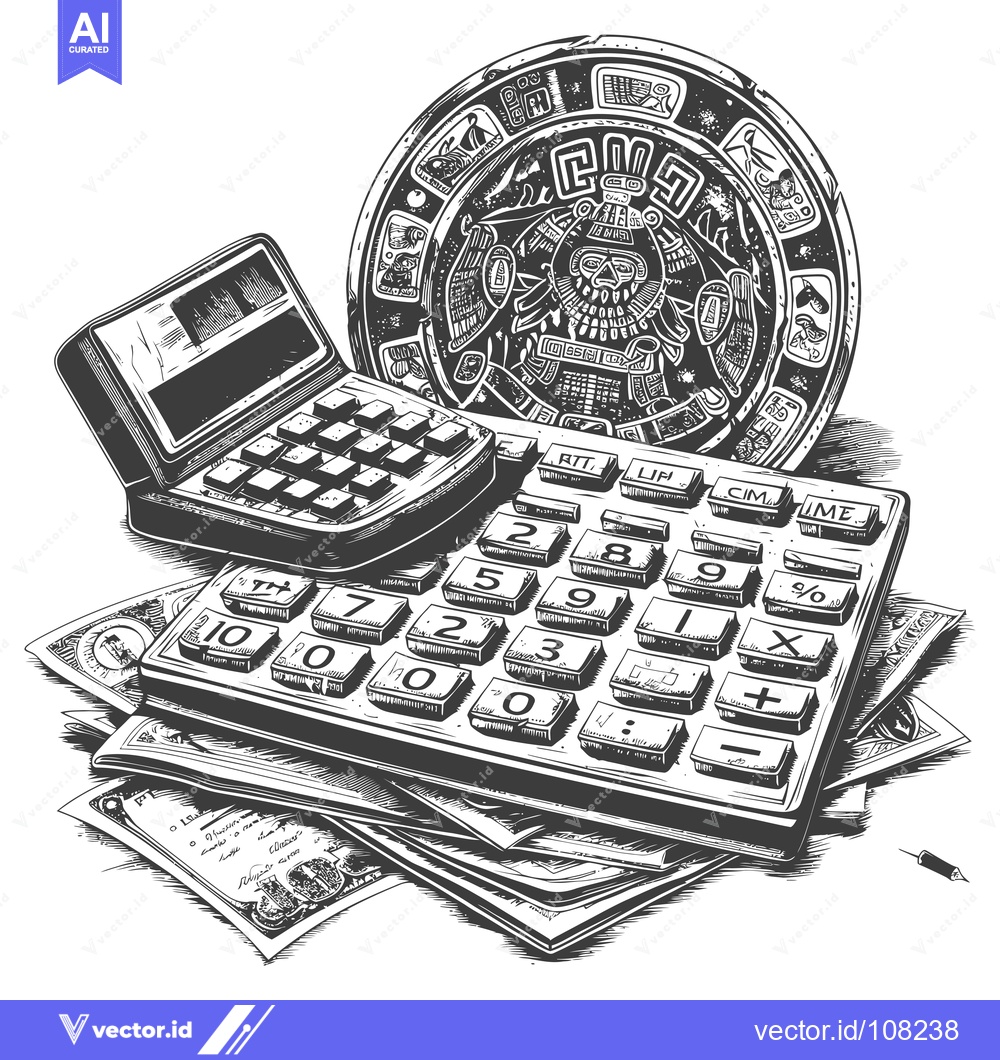 Premium Vector dari Vintage Calculator, Aztec Calendar, and Money