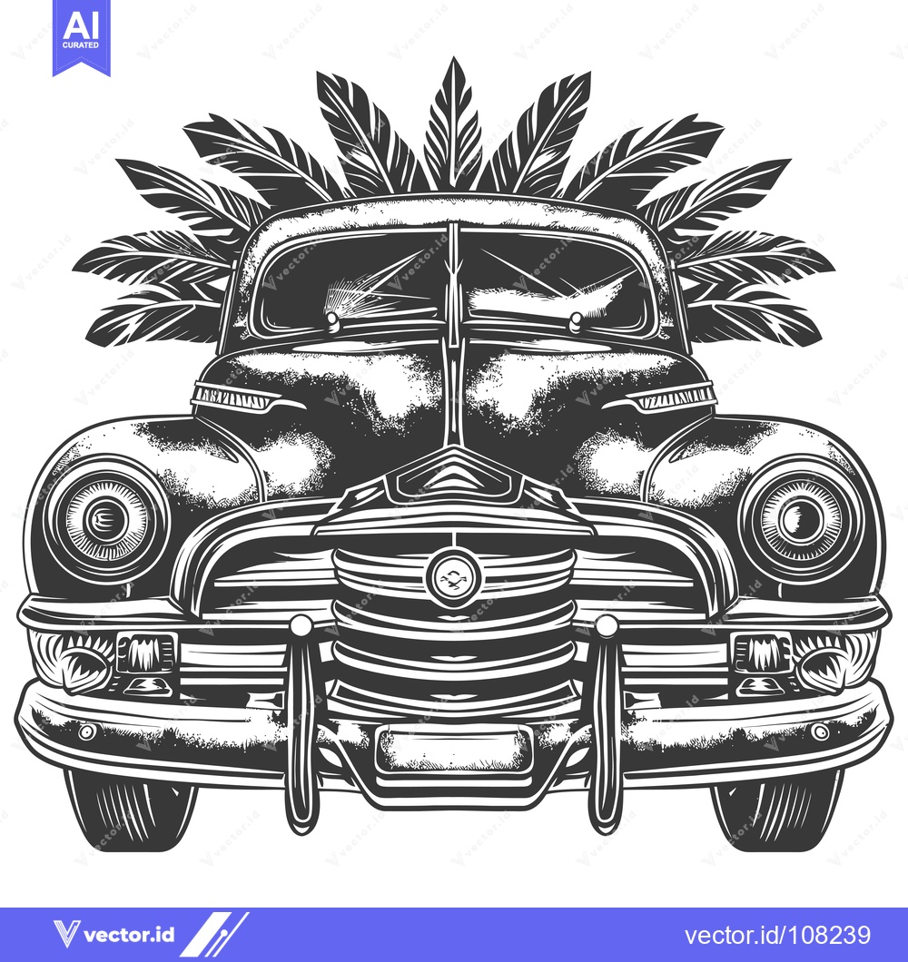 Premium Vector of Vintage Car Adorned with Palm Fronds