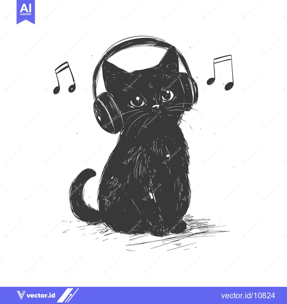 Premium Vector dari A Black Cat Wearing Headphones with Music Notes