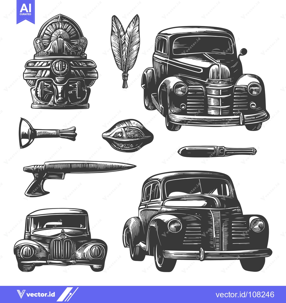 Premium Vector dari Vintage Cars, Weapons, and Feathers in an Ornamental Style