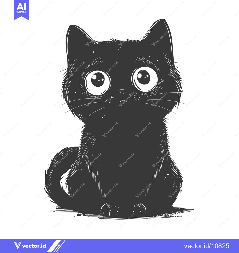 Premium Vector dari A black cat with large eyes, sitting, looking up