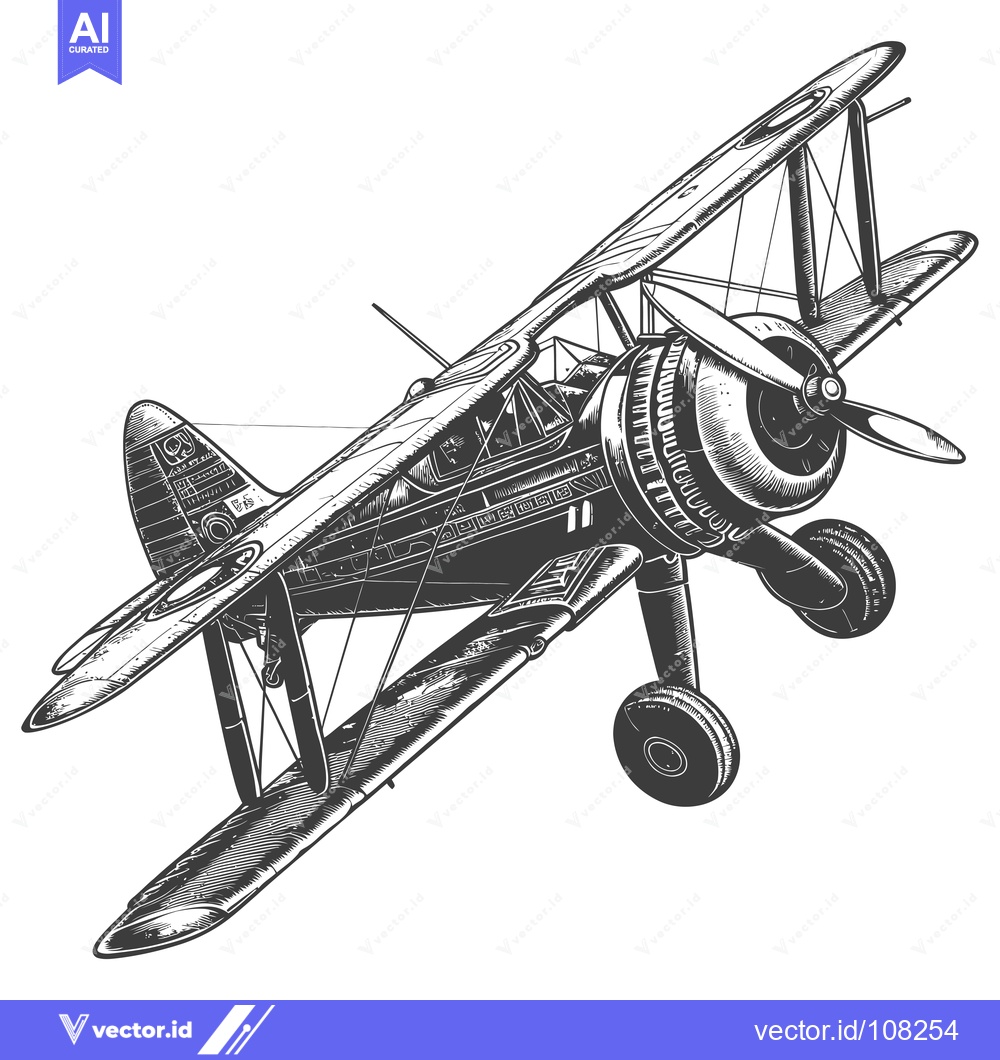 Premium Vector dari Vintage Hand Drawn Illustration of a Biplane