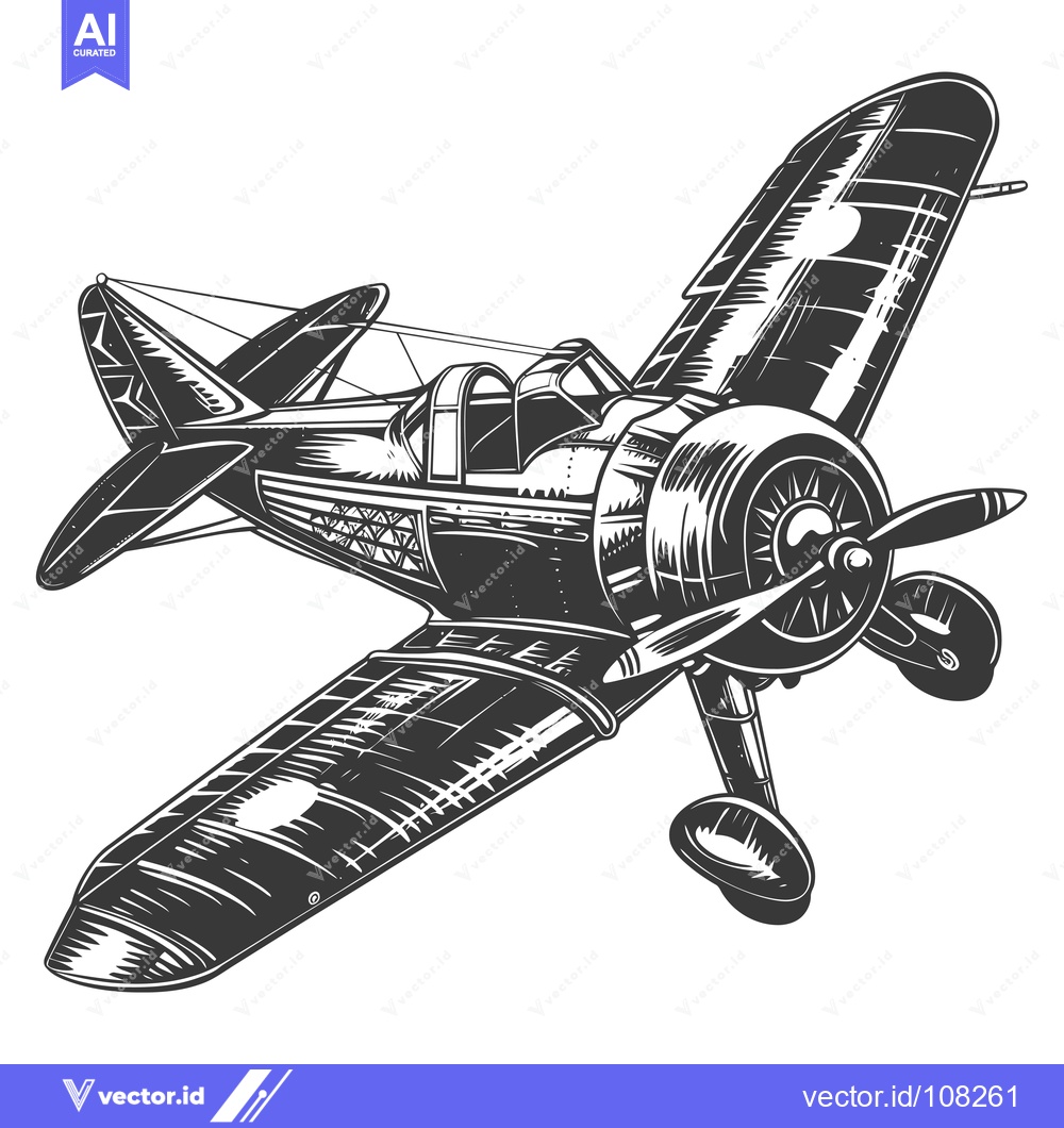 Premium Vector of Vintage Monochrome Illustration of a Propeller Airplane