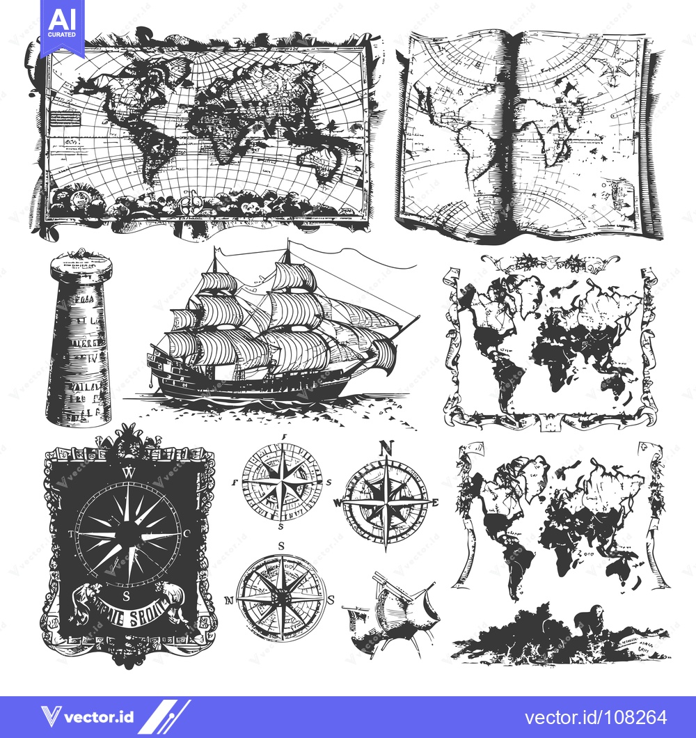 Premium Vector dari Vintage Nautical Illustrations Featuring World Maps, Compass Roses, an