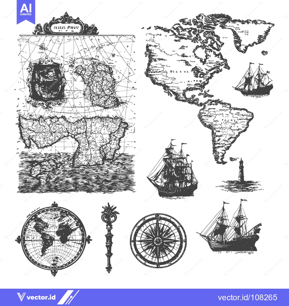 Premium Vector dari Vintage Nautical Illustration with Maps, Ships, and Compass
