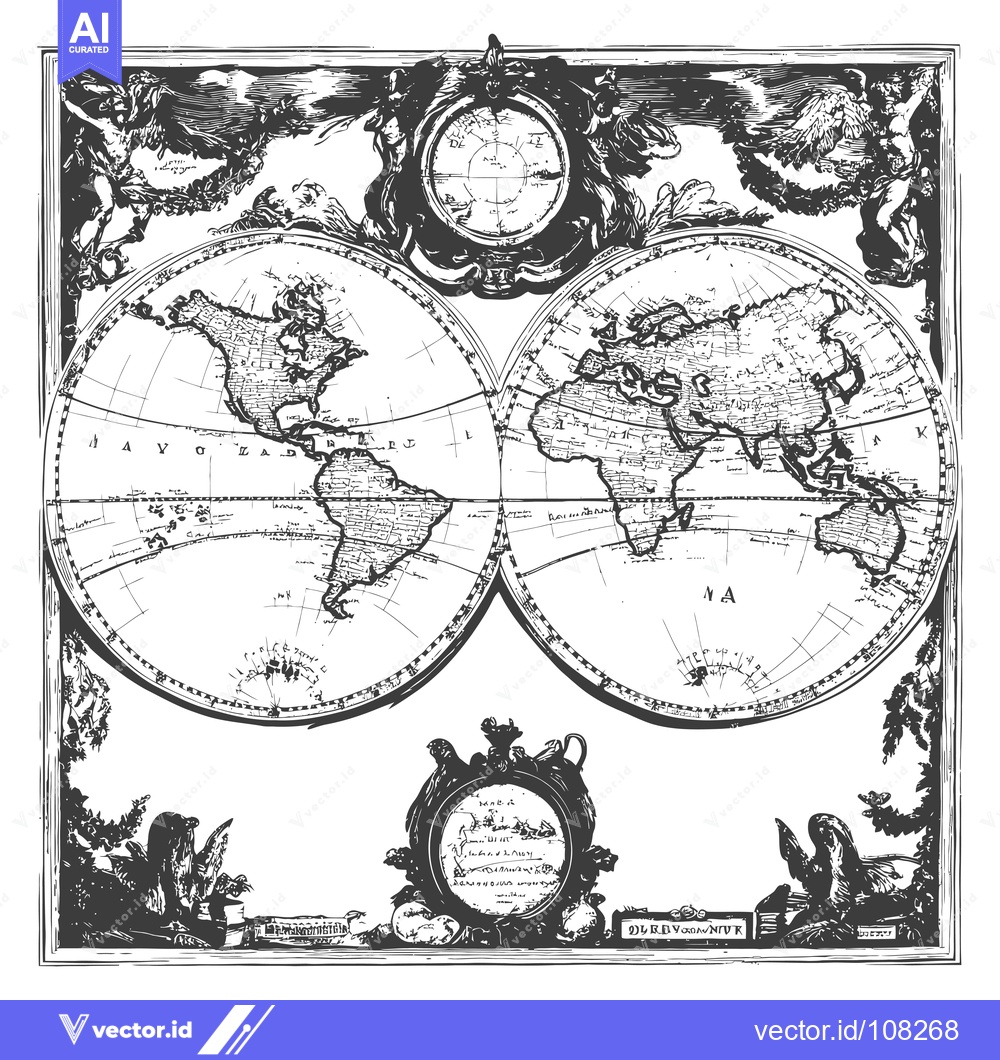 Premium Vector dari Vintage Ornate Framed World Map with Decorative Elements