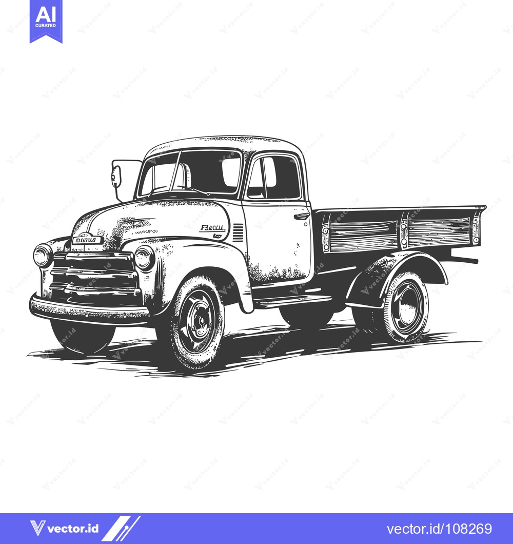 Premium Vector dari Vintage Pickup Truck with Flatbed, Black and White Illustration
