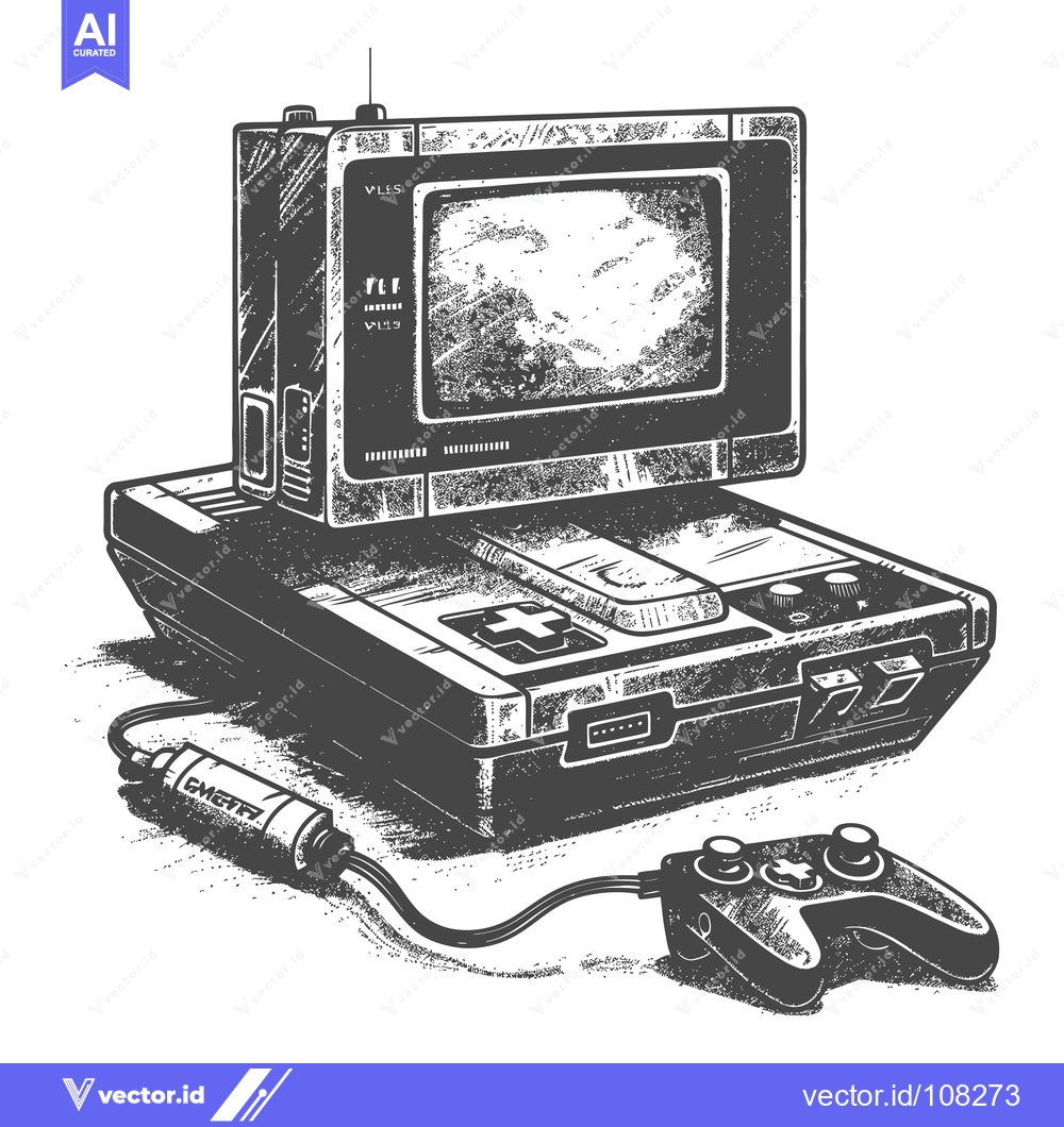 Premium Vector of Vintage Retro Gaming Console with Controller and Cartridge