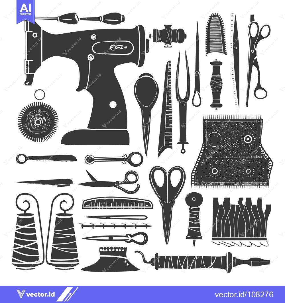 Premium Vector dari Vintage Sewing Machine and Accessories Silhouettes