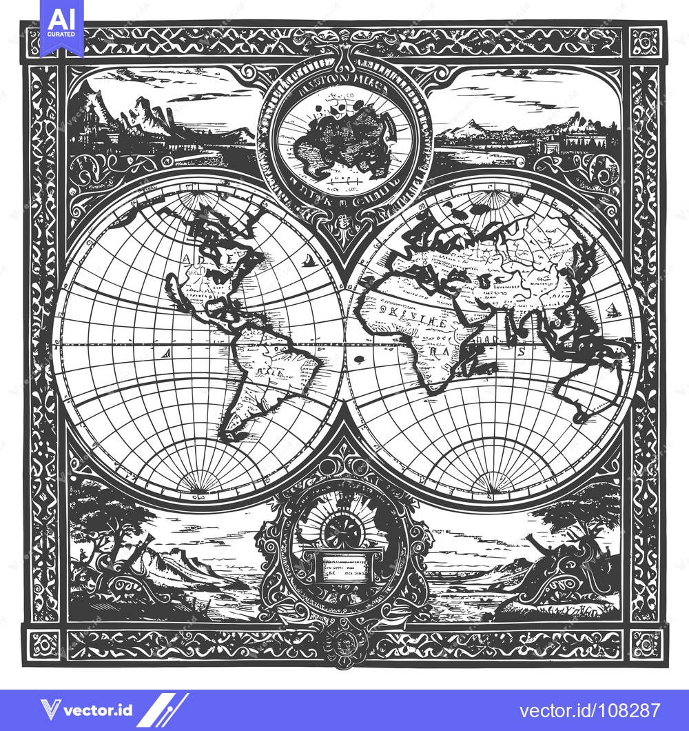 Premium Vector of Vintage World Map Illustration in Ornate Frame