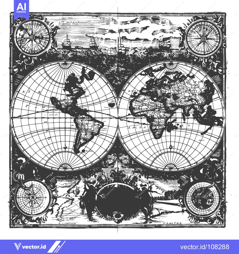 Premium Vector dari Vintage World Map Illustration with Compass and Ship Silhouettes