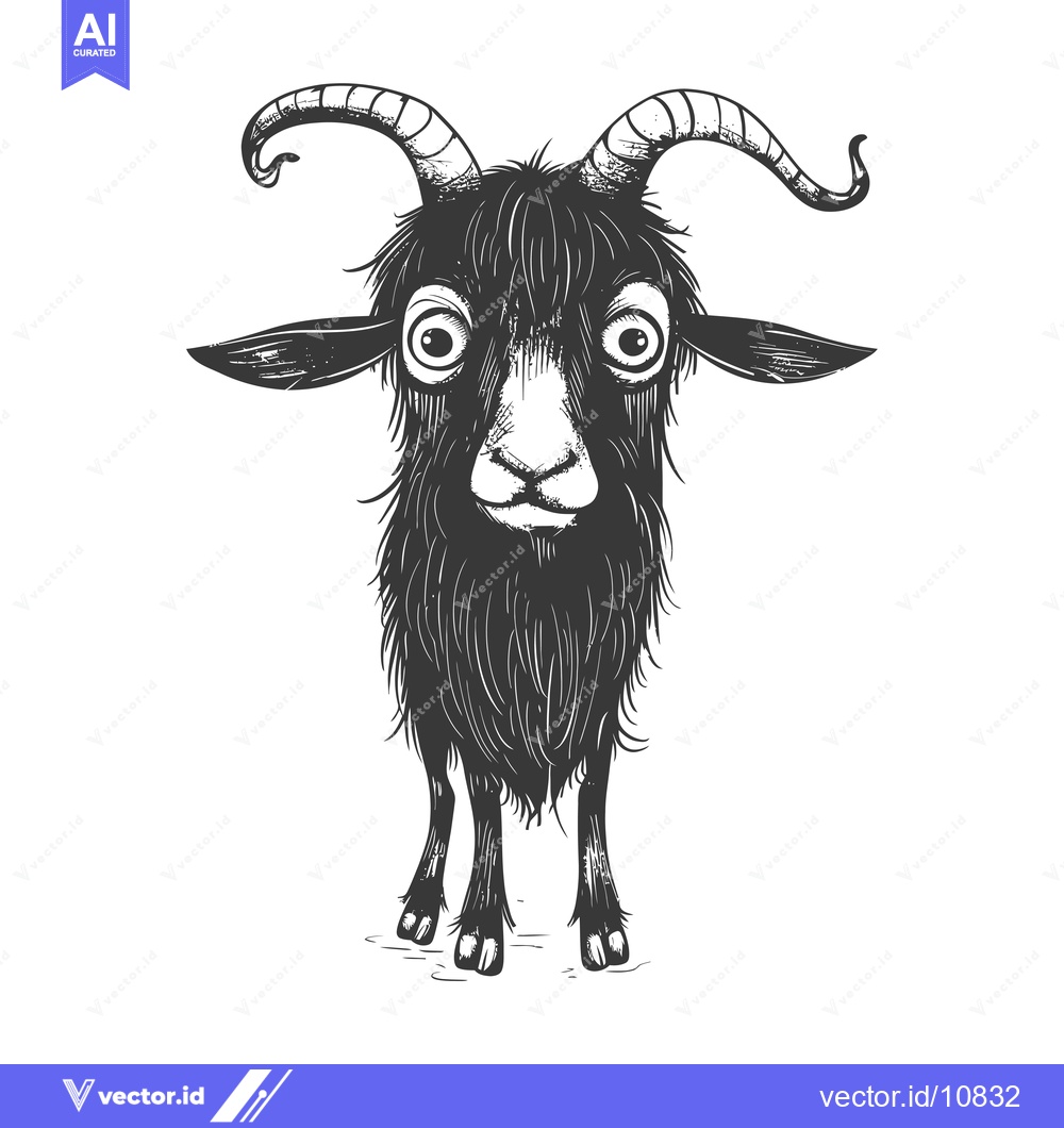 Premium Vector of A Black Goat With Big Eyes and Curled Horns