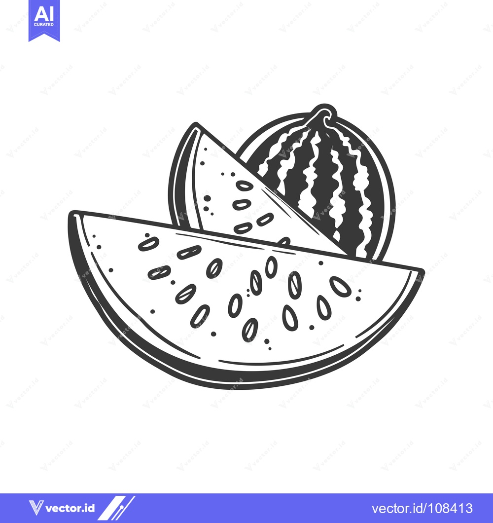 Premium Vector dari Watermelon with two slices, hand drawn in black and white.