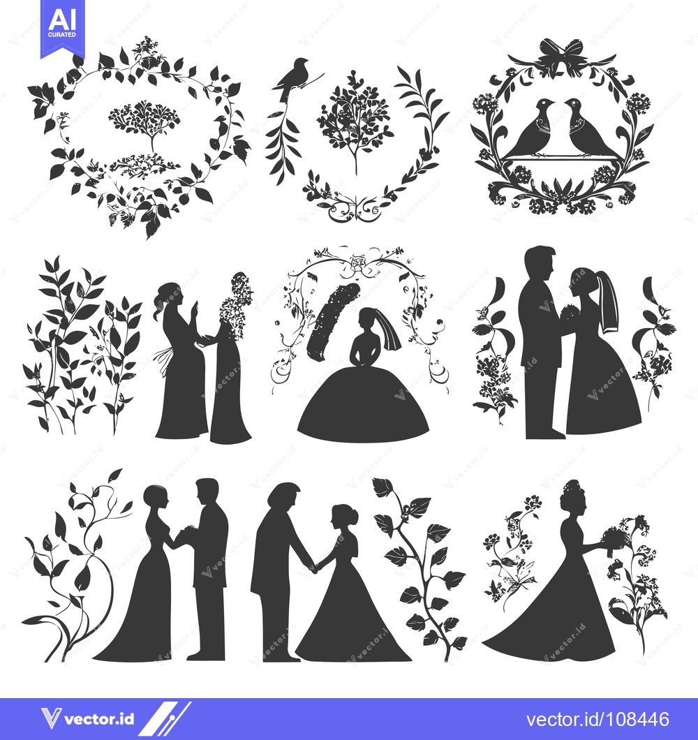 Premium Vector of Wedding Silhouettes with Floral Decorations