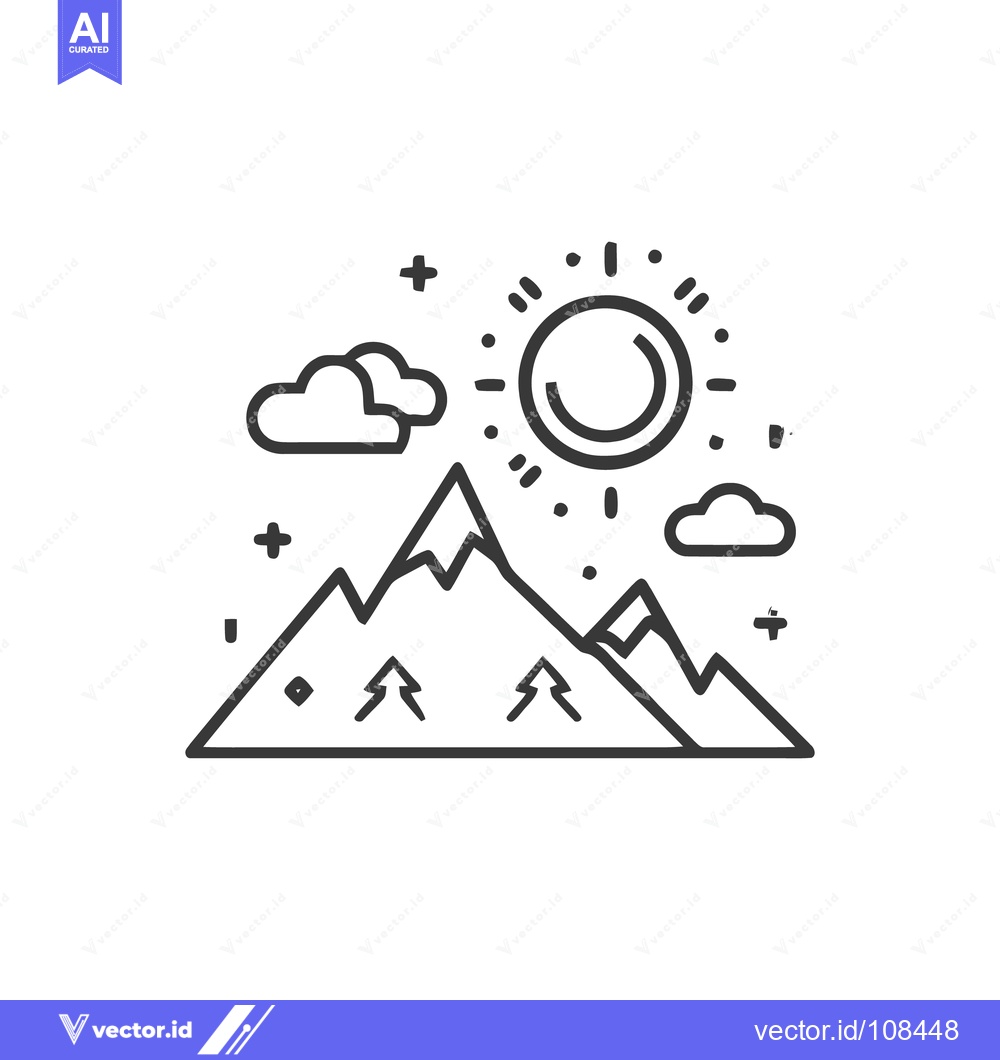 Premium Vector dari Minimalist Mountain Landscape with Sun and Clouds Outline Illustration