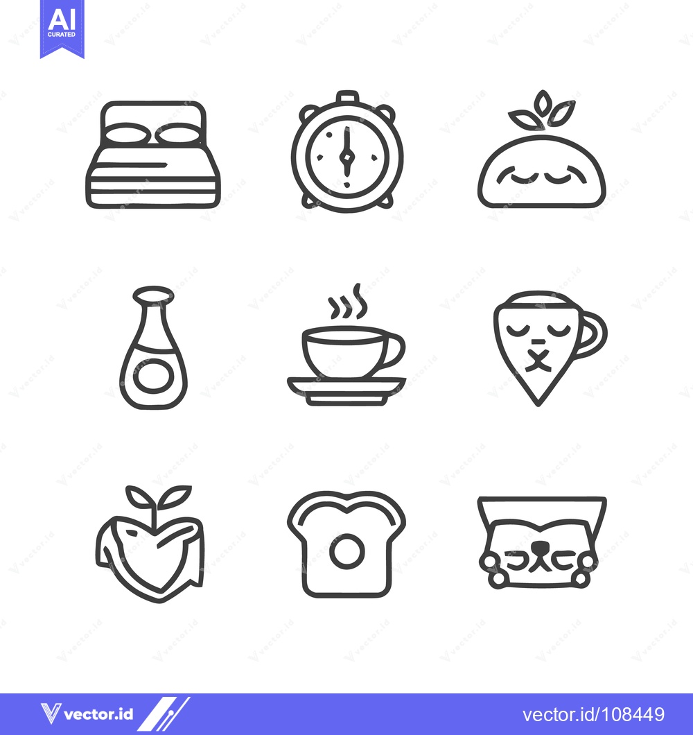 Premium Vector dari Minimalist Morning Routine Icons: Bed, Clock, Bun, Coffee, Toast, Cat