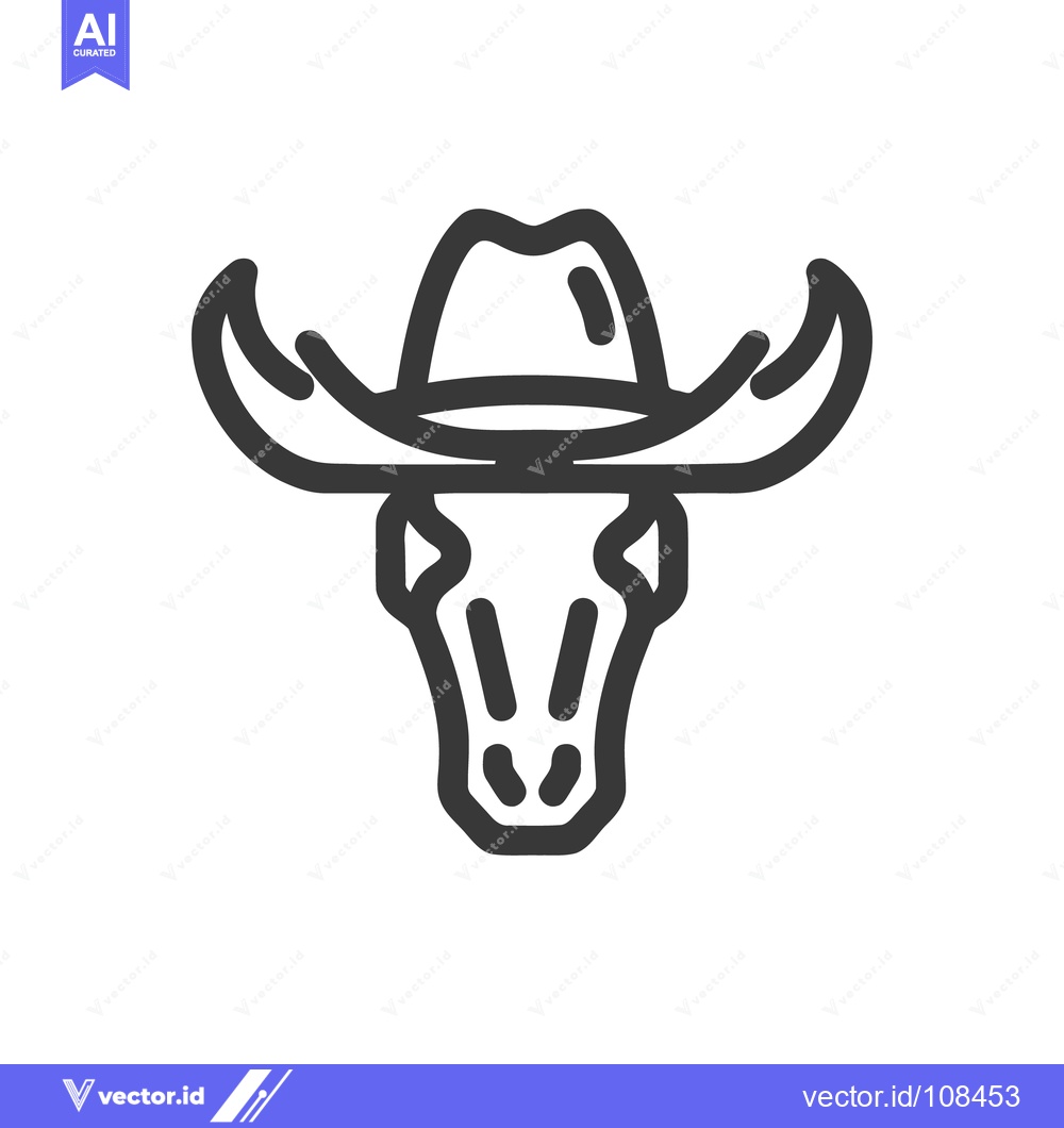 Premium Vector dari Minimalist Bull Skull Icon with Cowboy Hat, Bold Outline Style