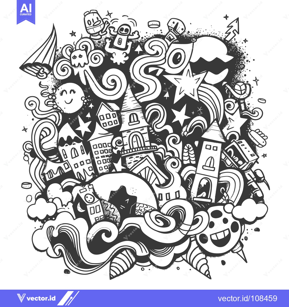 Premium Vector of Whimsical Black and White Doodle Cityscape with Buildings, Stars, and