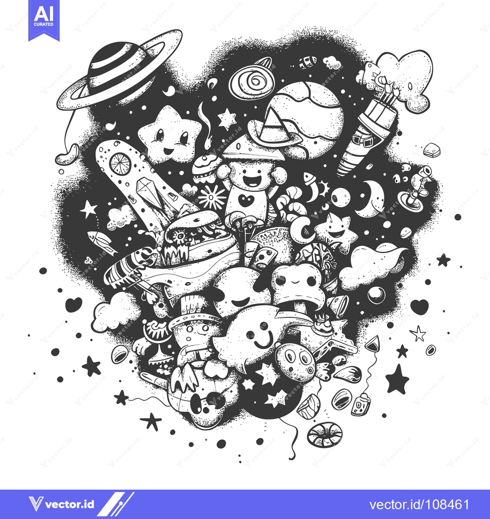 Premium Vector dari Whimsical Black and White Doodle of Outer Space with Planets and Stars