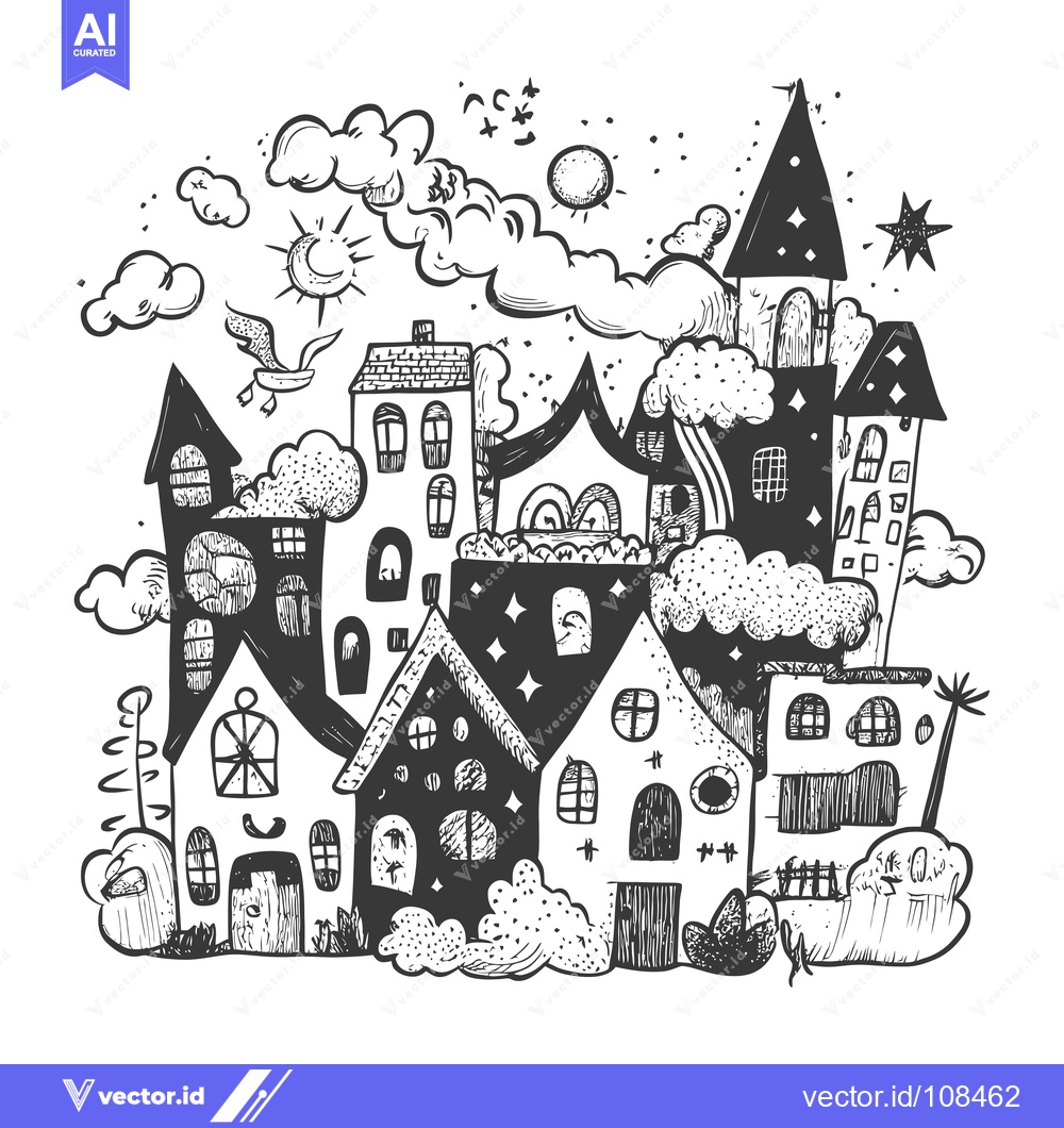 Premium Vector of Whimsical Black and White Hand-Drawn Illustration of a Fantasy Village