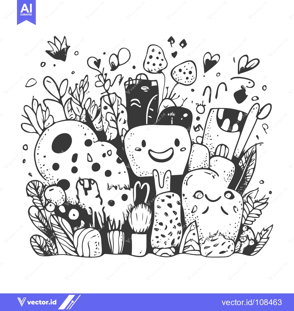 Premium Vector dari Whimsical Black and White Illustration of Cartoon Characters and Plant