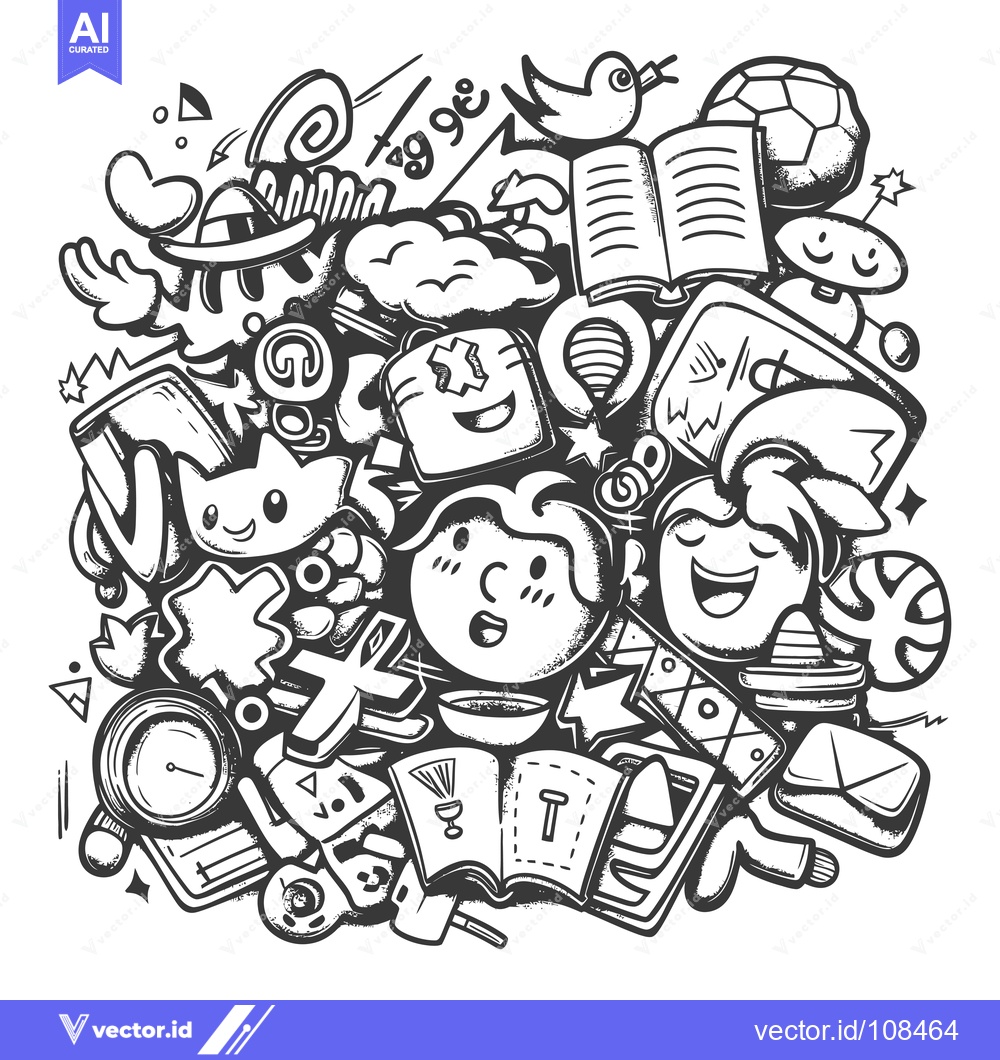 Premium Vector of Whimsical Doodle Illustration Featuring a Surprised Child Surrounded b