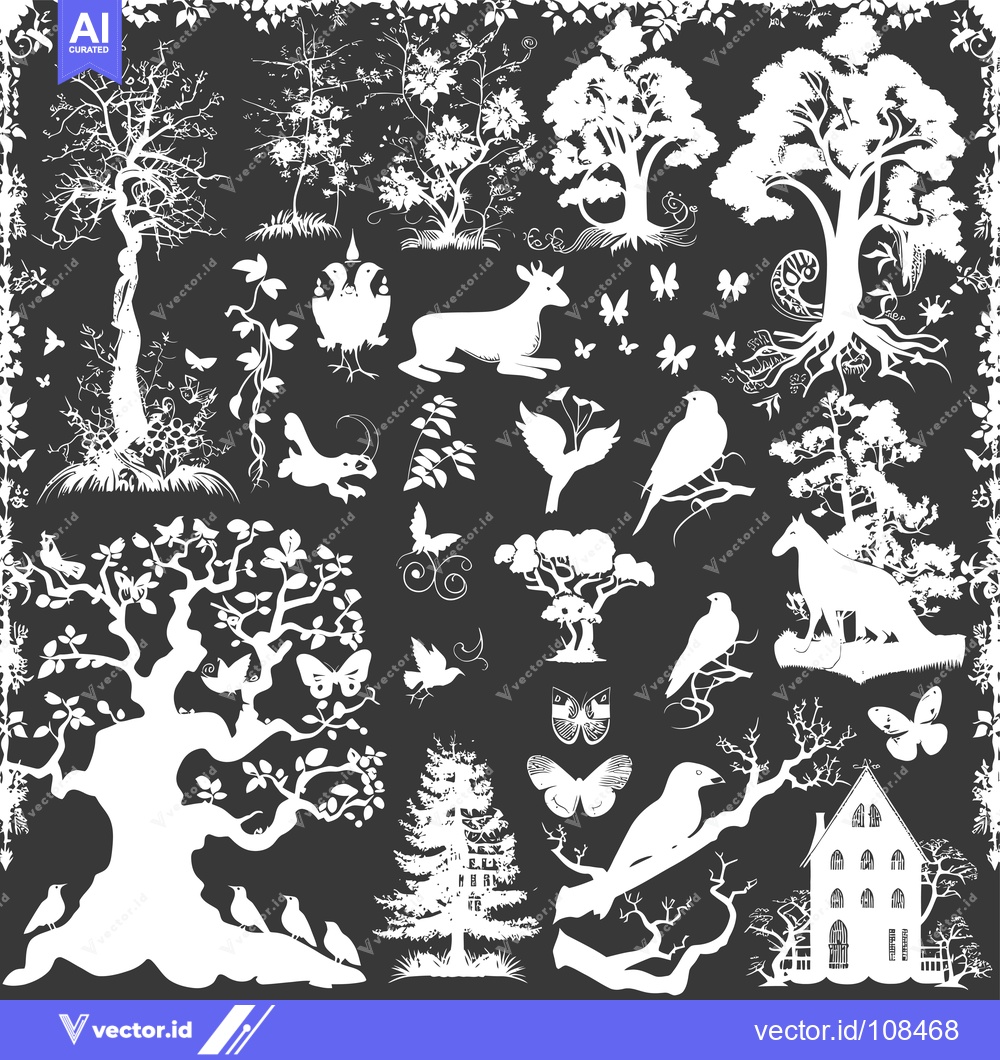 Premium Vector dari White Silhouettes of Trees, Animals, and a House on a Black Background
