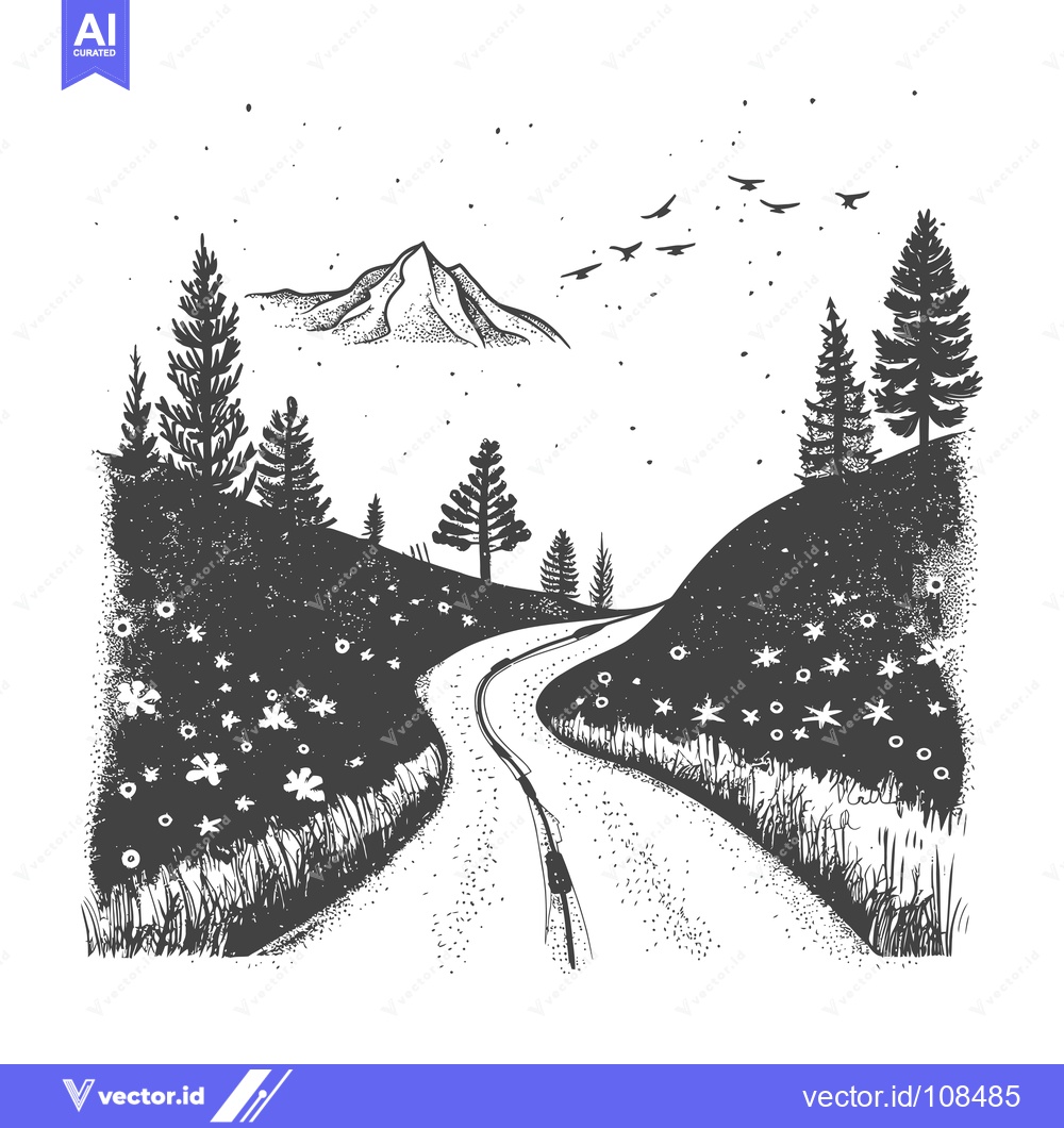 Premium Vector of Winding Road Leading to Mountainous Landscape with Birds Flying Overhe