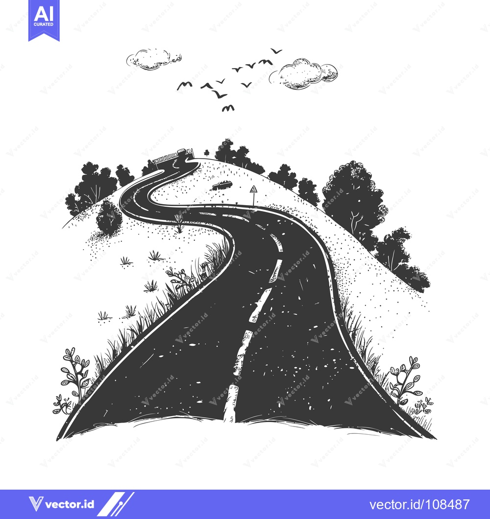 Premium Vector dari Winding Road Through a Lush Green Hillside with Birds Flying Overhead