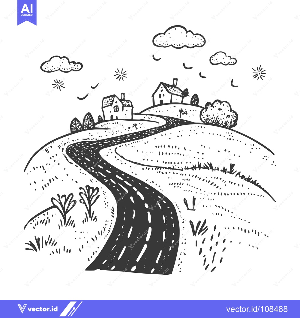 Premium Vector of Winding Road Through a Rural Landscape with Houses and Clouds