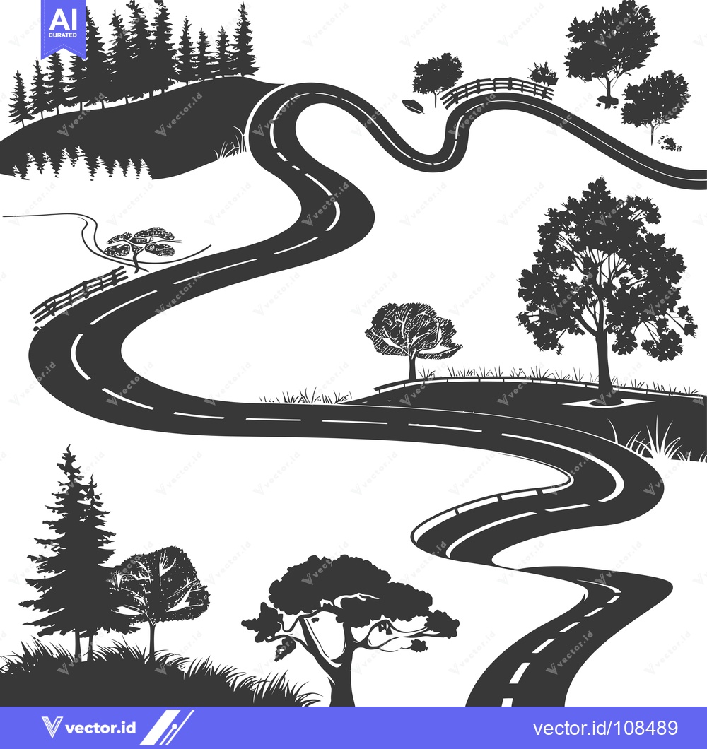 Premium Vector dari Winding Road Through a Silhouette Forest Landscape