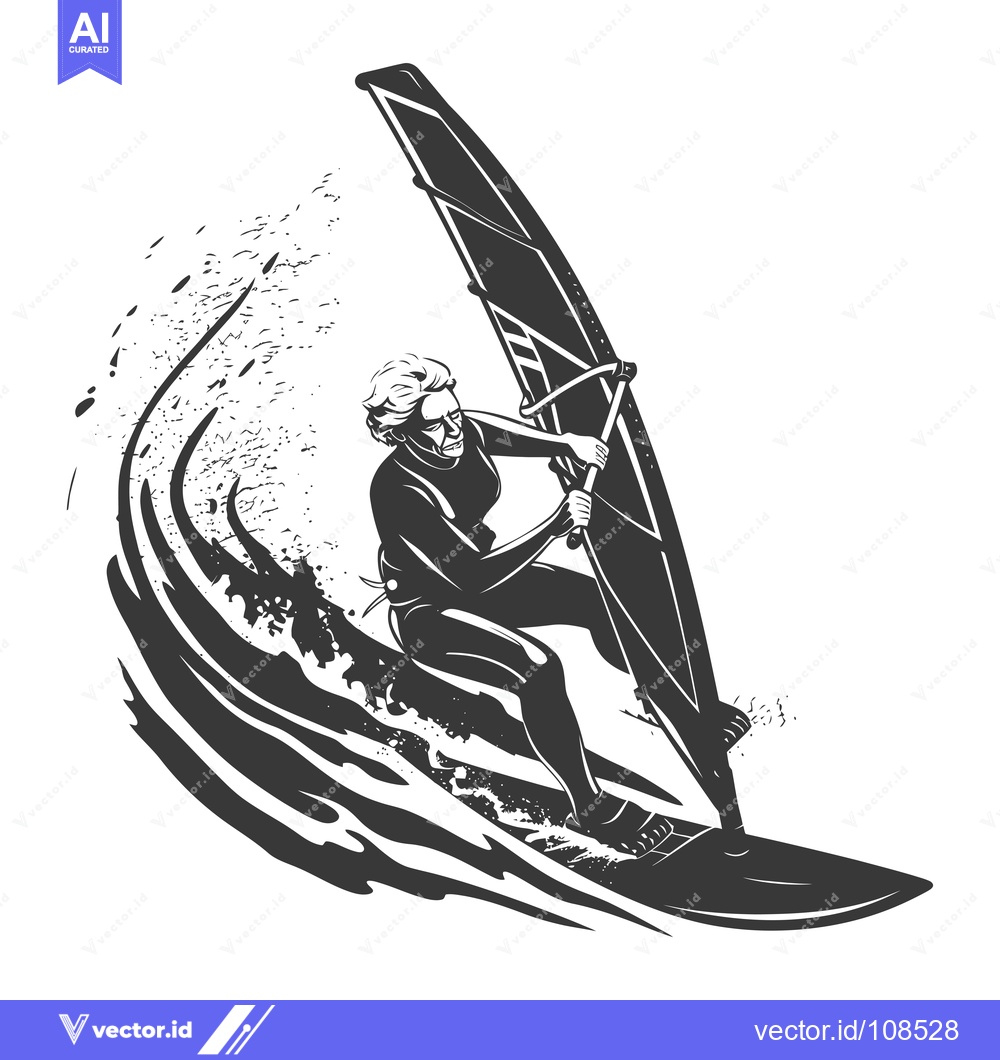 Premium Vector of Windsurfer Riding a Wave with Sail Up