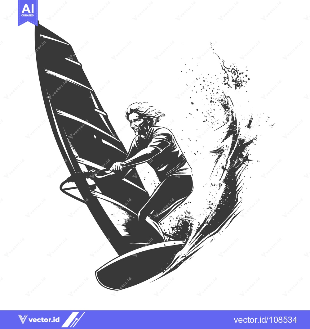 Premium Vector of Windsurfer with a Beard, Riding a Wave with Sail Up