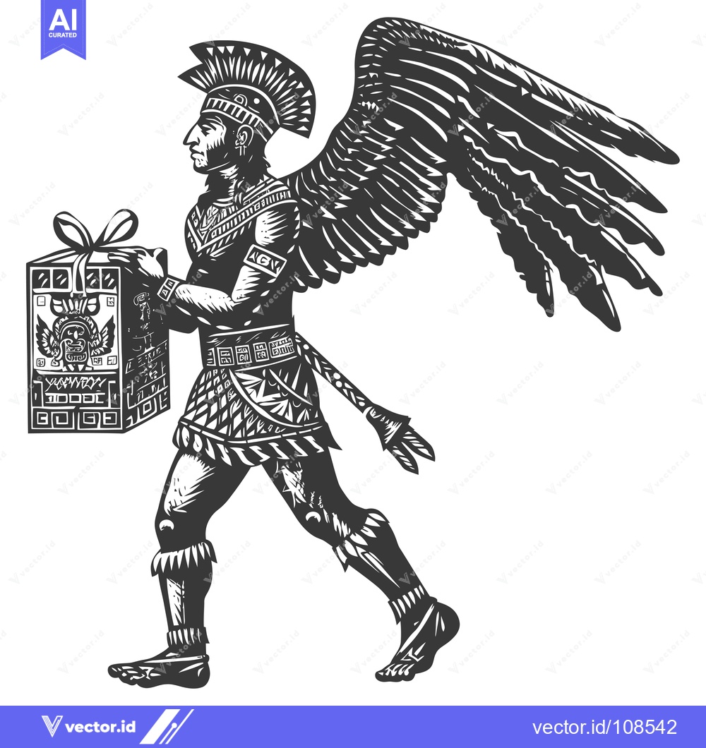 Premium Vector dari Winged Aztec Warrior Carrying a Gift Box