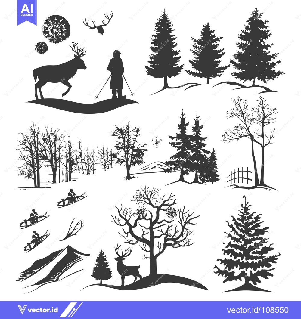 Premium Vector dari Winter Forest Silhouettes with Deer, Snowflakes, and People Sledding