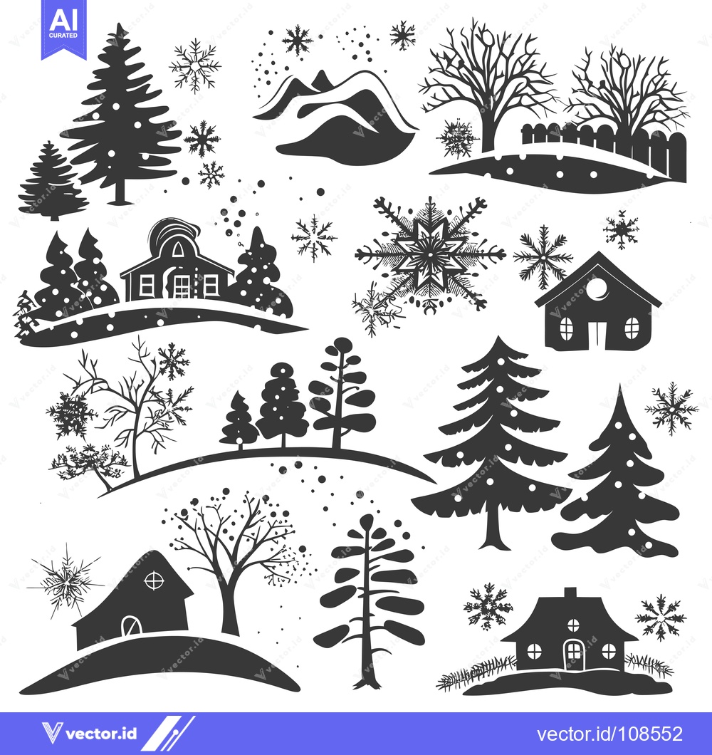 Premium Vector of Winter Landscape with Snowy Hills, Trees, and Houses