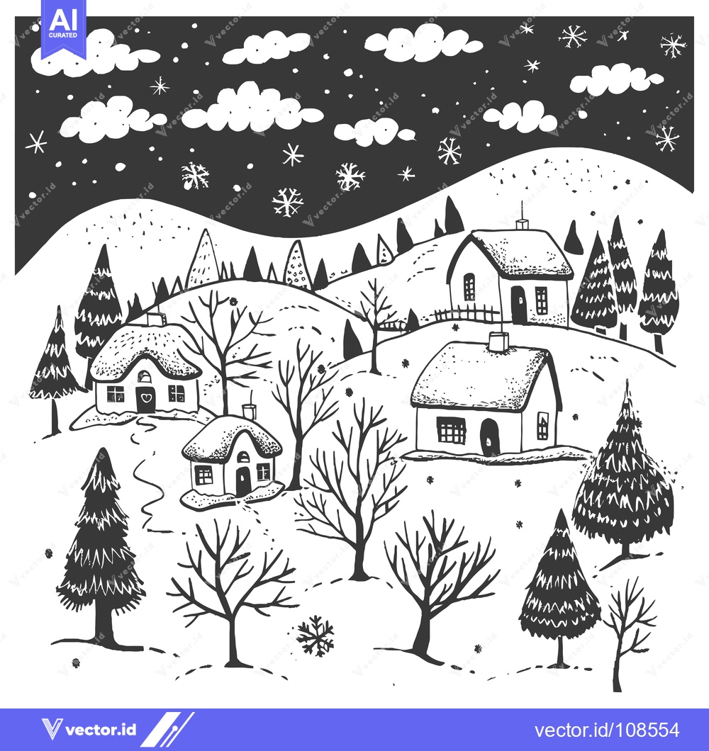 Premium Vector of Winter Village Scene with Snow-Covered Houses and Trees