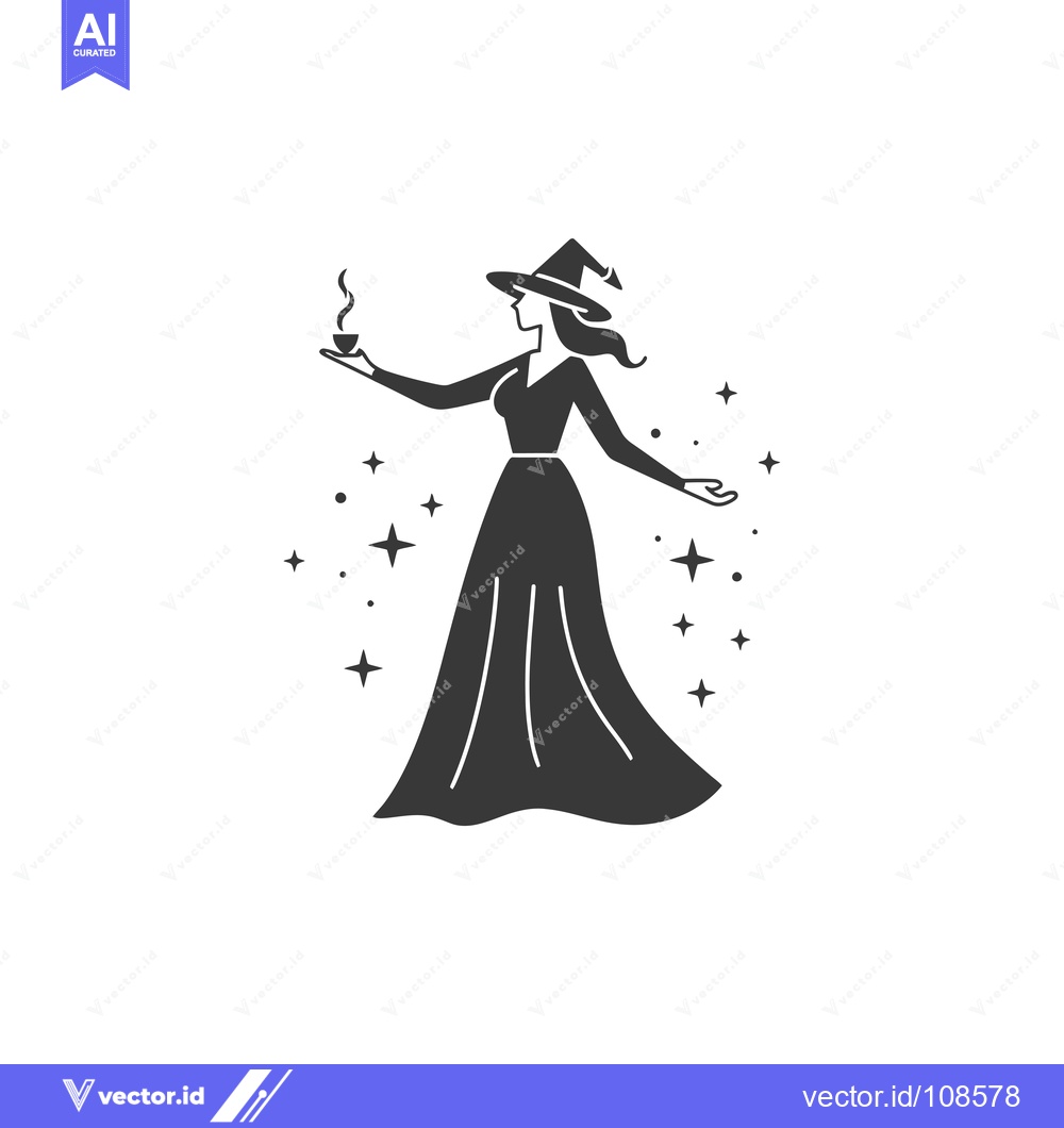 Premium Vector dari Witch with a Steaming Cup and Stars Around Her