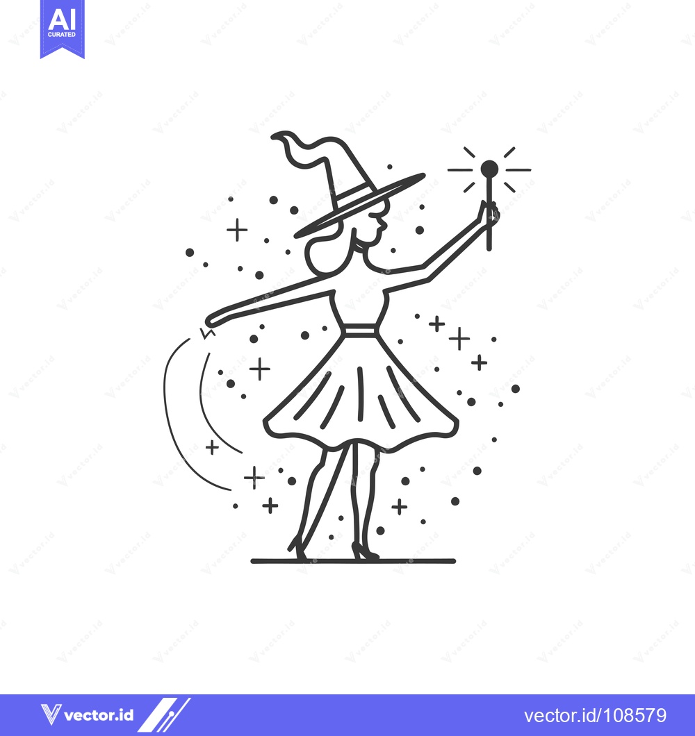 Premium Vector dari Witch with pointed hat casting a spell with a wand