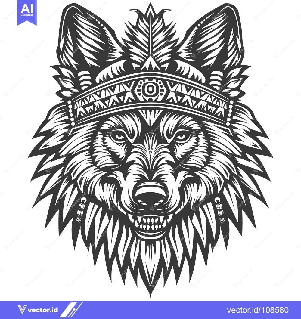 Premium Vector of Wolf Head with Native American Headdress
