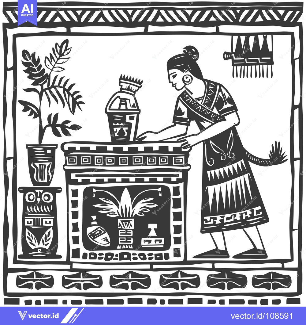 Premium Vector of Woman Arranging Pottery in an Ornate Room with Plants