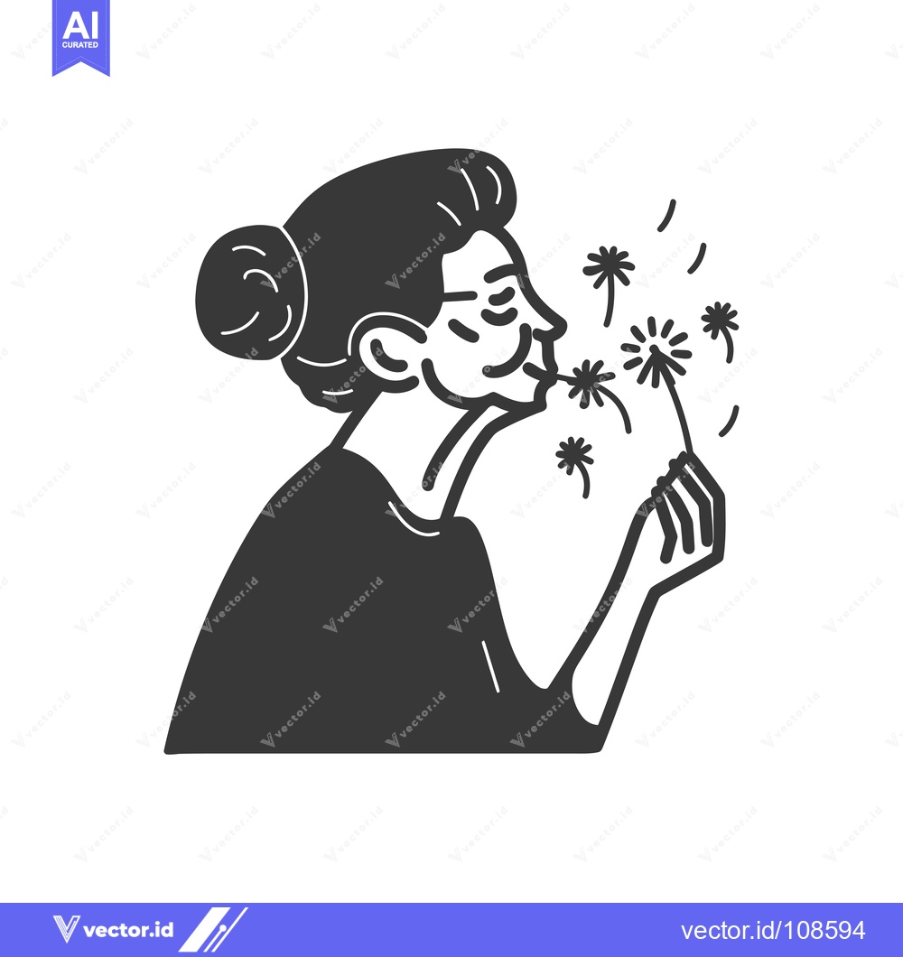 Premium Vector dari Woman Blowing on a Dandelion with Seeds Flying Away